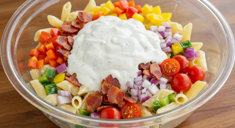 Creamy Ranch Pasta Salad Recipe with Bacon and Veggies